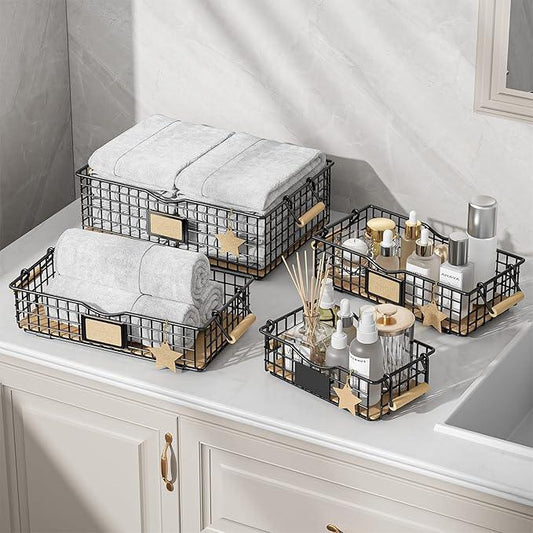 Bathroom Tray and Organizer Basket, 4 Pack Storage Baskets with Wooden Handles, Multipurpose for Bathroom, Coffee Bar, Kitchen cabinet, Living Room - Black - ModernBath