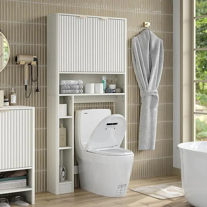 Furnideco Fluted Over The Toilet Storage Cabinet 31''W Modern Above Toilet Storage Cabinet with Fluted Doors & Adjustable Shelf for Bathroom, Antique White - ModernBath