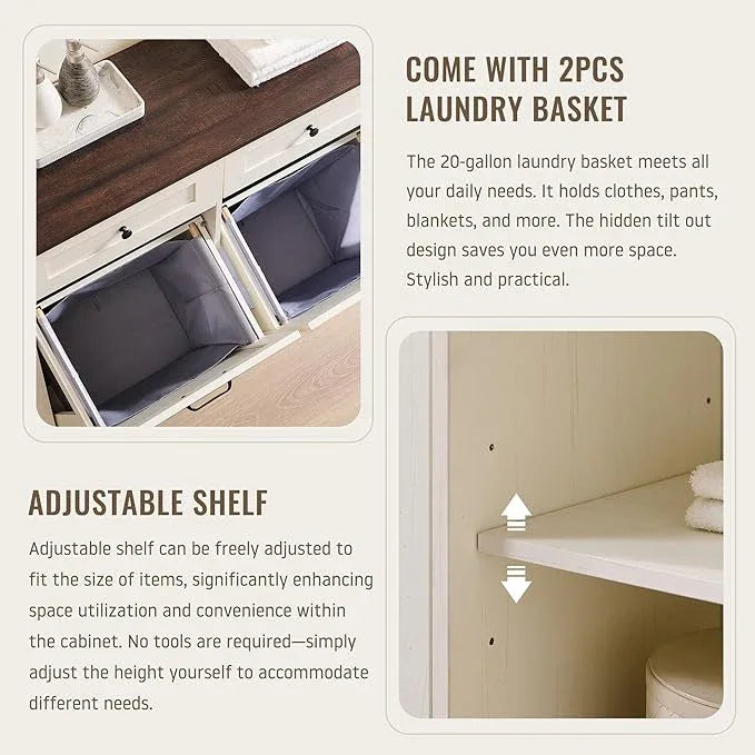 Triple Tilt Out Laundry Hamper Cabinet, 20 Gallon Farmhouse Trash Can Cabinet w/Drawer & Adjustable Shelf, Hidden Garbage Can Bin Cabinets w/Laundry Basket for Bathroom, Kitchen (Antique White) - ModernBath