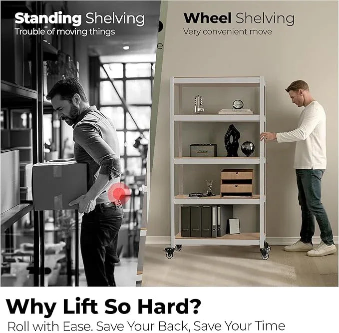 HOMEDANT House 5-Tier Metal Rolling Cart Shelf Rack Casters Heavy Duty Laminated Wheel Shelving Unit Adjustable Utility Storage Shelves Organizer Shelf Kitchen Garage (4, (L) 48.1" W, White) - ModernBath