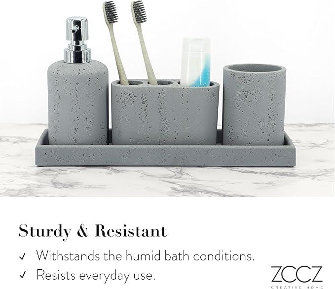 ZCCZ -Beige Bathroom Accessories Set 4 Pcs - Toothbrush Holder, Soap Dispenser, Vanity Tray, Bathroom Tumbler - Countertop Vanity Organizer - Bathroom Accessory Set- Toothbrush Holder Set, Stone Sets - ModernBath