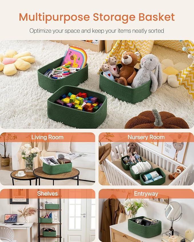 Small Woven Basket, 13.5 x 9.5 x 5 Inches, Storage Basket for Organizing, Cute Small Rope Shelf Closet Cube Storage Bins Baskets for Shelves, Dog Toy Gift Baskets Empty, 3 Pack, Green - ModernBath