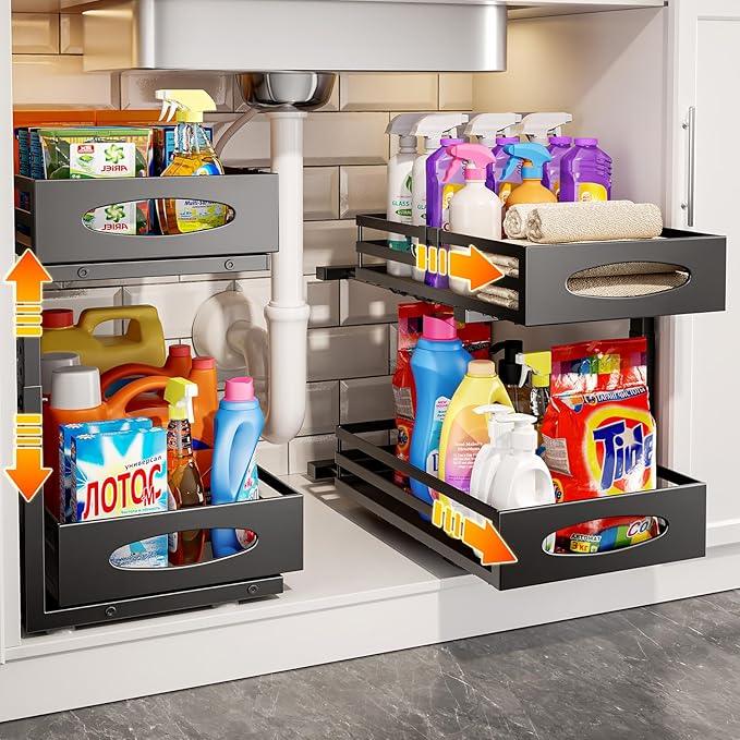 Under Sink Organizer, 2 Tier Under Sink Organizers and Storage, Adjustable Height, Slide out Metal Cabinet Organizers, Pull out Cabinet Storage Drawer Shelf for Kitchen Bathroom - ModernBath