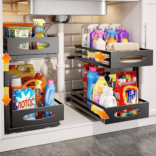 Under Sink Organizer, 2 Tier Under Sink Organizers and Storage, Adjustable Height, Slide out Metal Cabinet Organizers, Pull out Cabinet Storage Drawer Shelf for Kitchen Bathroom - ModernBath