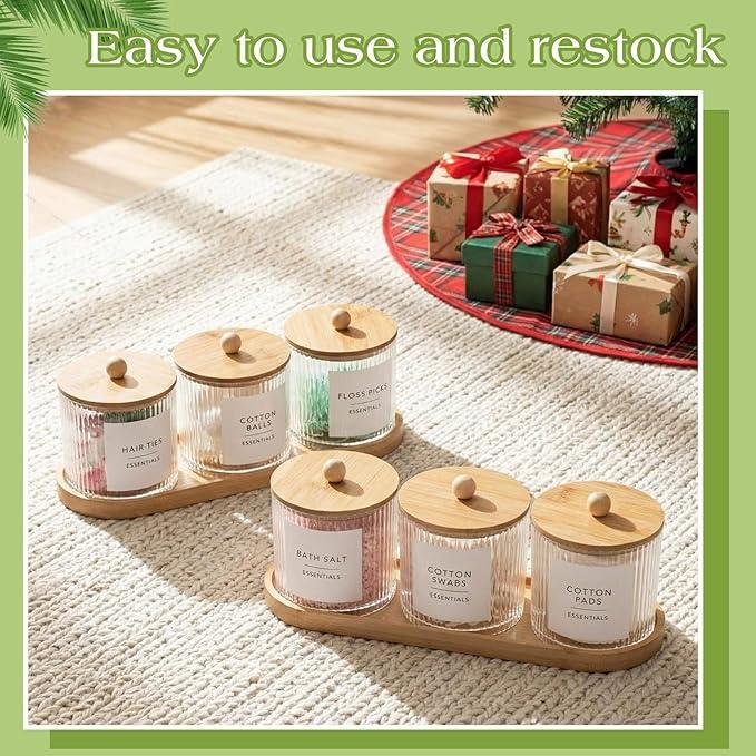 Vesici 6 Pack Bathroom Canisters Ribbed Apothecary Jars with Bamboo Lids 2 Bamboo Trays and 9 Label Stickers Cotton Swabs Holder Bathroom Organizer Storage Set Acrylic 18 oz Dispenser Container(Wood) - ModernBath