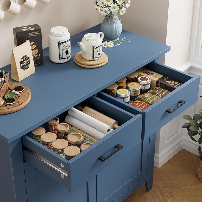 HORSTORS Kitchen Storage Cabinet, Modern Farmhouse Buffet Cabinet with Storage, Coffee Bar with 2 Drawers and 2 Doors, Floor Sideboard Buffet for Living Room, Dining Room, Bathroom, Blue - ModernBath