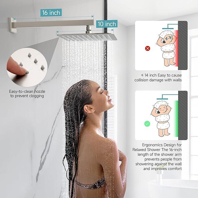 SR SUN RISE Shower Faucet Set & System - 10 Inch Rainfall Shower Head & Handle Set Wall Mounted Brushed Nickel Solid Brass Valve Trim Kit Included - ModernBath