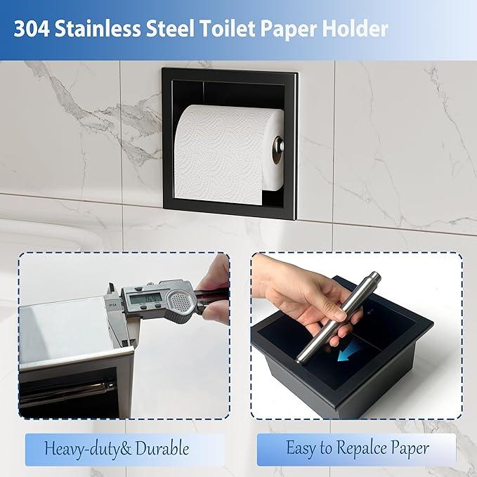Neodrain Recessed Toilet Paper Holder, Matte Black Toilet Paper Holder Built-in, Stainless Steel Recessed Tissue Paper Roll Holder, in Wall - ModernBath