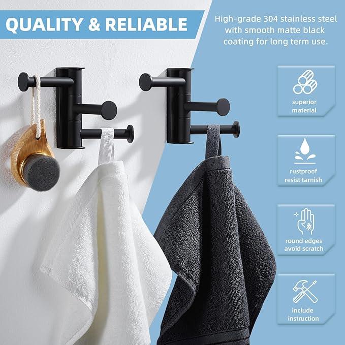 Angle Simple Swivel Towel Hook Matte Black 2 Pack, SUS 304 Stainless Steel Coat Robe Hook for Bathroom - ModernBath