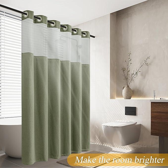 Jowels No Hooks Needed Linen Shower Curtain and Liner Set,Sage Green Hotel Luxury Decor Shower Curtains for Bathroom with See Through Top Window,Water Resistant Fabric,72Wx87L,Sage Green - ModernBath