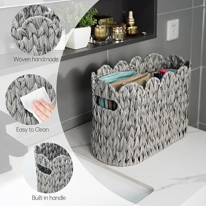 Grey Toilet Paper Storage Basket,Scalloped Baskets for Bathroom Organizers and Storage,Waterproof Plastic Wicker Basket for Bathroom,Laundry Room - ModernBath