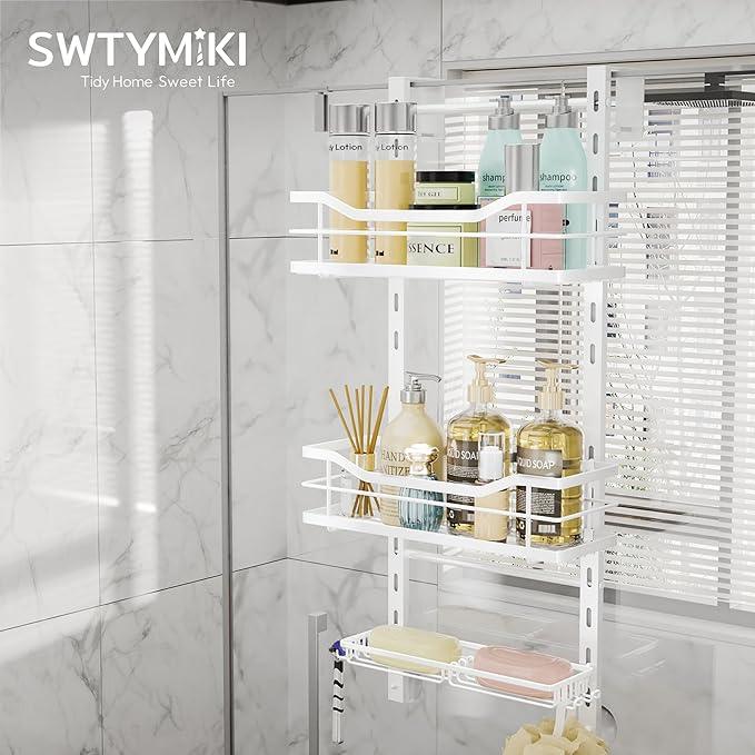 SWTYMIKI Over the Door Shower Caddy - 3 Tier Adjustable Shower Organizer Hanging with Soap Holder, No Drilling Stainless Steel Bathroom Hanging Caddy for Body Wash, Shampoo, Soap, Razor, White - ModernBath