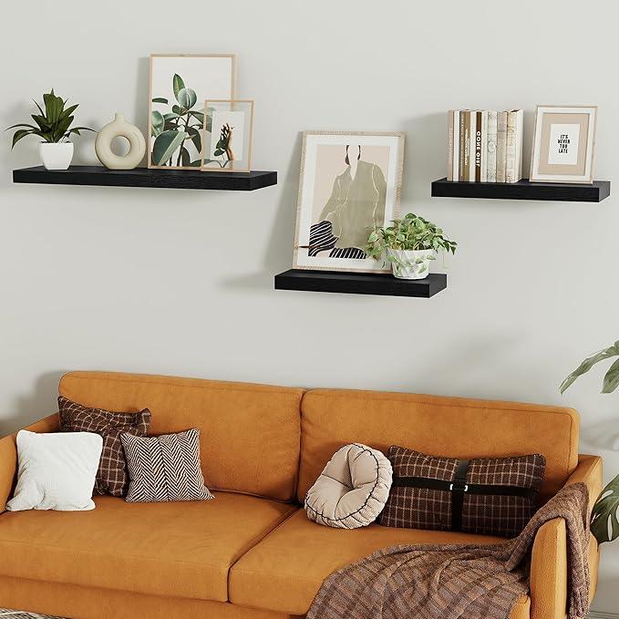 Vivelove Black Bathroom Shelves Over Toilet, 16" Floating Shelves, Wall Shelf for Bathroom Bedroom, Living Room, Kitchen, Office Home Decor, Narrow Shelves with Invisible Brackets Set of 2 - ModernBath