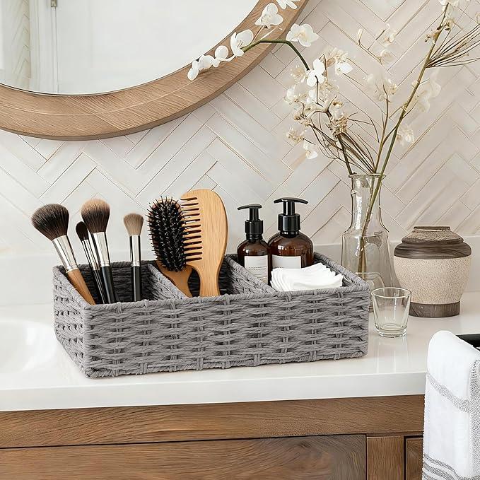 EITMOW Seagrass Wicker Basket for Toilet Tank Top, 3-Compartment Handwoven Bathroom Organizer for Toilet Paper, Pads, and Accessories (2, Gray) - ModernBath