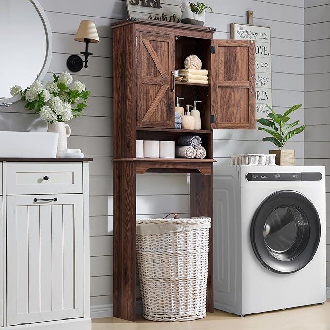 ACCOHOHO Over The Toilet Storage Cabinet, Farmhouse Bathroom Cabinet with Adjustable Shelf & Barn Door, 67" Tall Over The Toilet Shelf, Brown - ModernBath