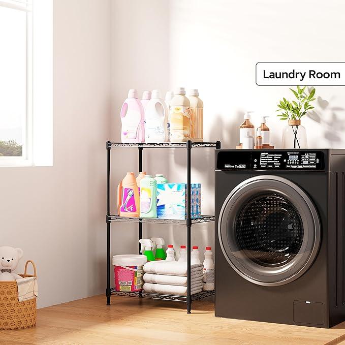 3 Tiers Shelf Metal Storage Shelves Wire Rack Closet Organizers with Wheel for Garage Kitchen Bathroom Laundry Black 11.8" D x 17.7" W x 28.8" H - ModernBath