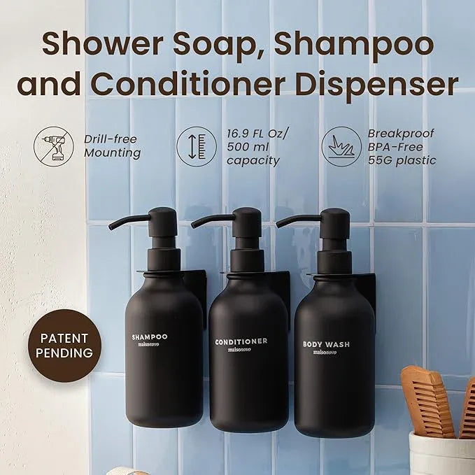 MaisoNovo Shampoo and Conditioner Dispenser - Shower Soap Dispenser Wall Mounted - 16.9 fl oz Set of 3 Black Plastic Bottles Black Pump - Shampoo Dispenser, Shower Dispenser - ModernBath