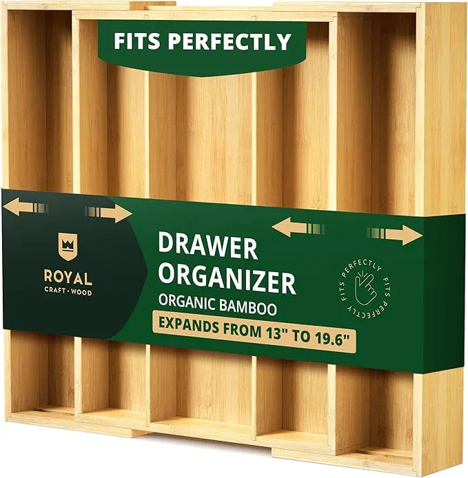 ROYAL CRAFT WOOD Luxury Bamboo Kitchen Drawer Organizer - Silverware Organizer - Utensil Holder and Cutlery Tray with Grooved Drawer Dividers for Flatware and Kitchen Utensils (5 Slot, Natural) - ModernBath