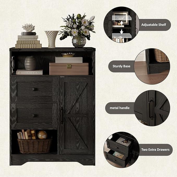 Fameill Farmhouse Storage Cabinet with 2 Drawers & Shelves,Freestanding Kitchen Cabinet with Doors,Floor Storage Organization for Living Room,Bathroom,Laundry,Black - ModernBath