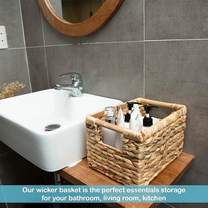 Small Wicker Baskets for Organizing Bathroom, Hyacinth Baskets for Storage, Wicker Storage Basket with Wooden Handle, Decorative Small Basket 10 x 7.5 x 6.3 inches - 3 Pack - ModernBath