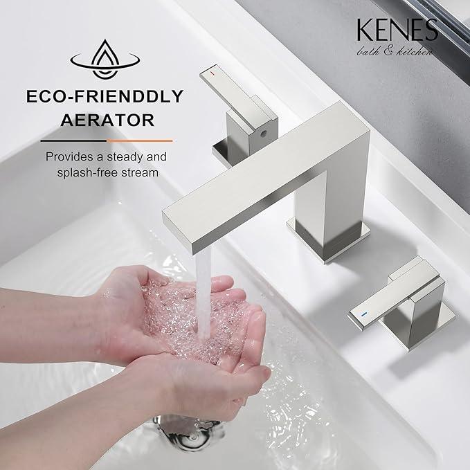 KENES Brushed Nickel Widespread Bathroom Faucet 2 Handle Bathroom Sink Faucet 3 Hole, 8-Inch 3 Pieces Vanity Faucet with Pop Up Drain & Supply Lines, KE-9050-P - ModernBath