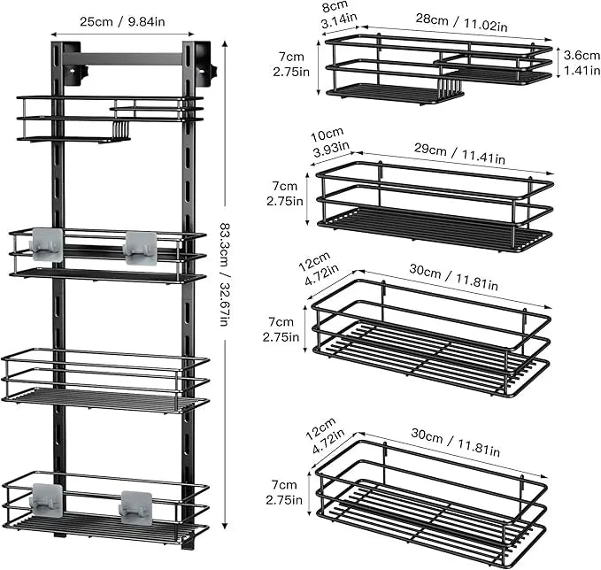 Orimade Over The Door Shower Caddy Adjustable 4 Tier Black,Bathroom Hanging Organizer Shelf Rustproof with 4 Hooks,Shower Basket with Soap Holder and Suction Cup - ModernBath