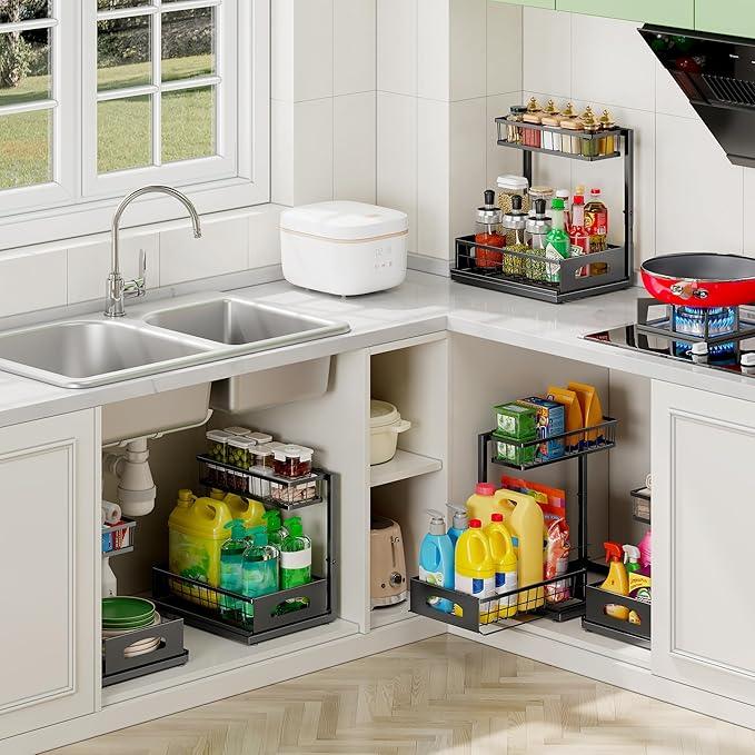 Under Sink Organizer , 2 Pack Height Adjustable Cabinet Organizer with Slide Out Drawer, Pull Out Under Sink Storage, Multi-Purpose 2 Tier Sink Shelves for Kitchen Bathroom Pantry (Black, 2 Pack) - ModernBath