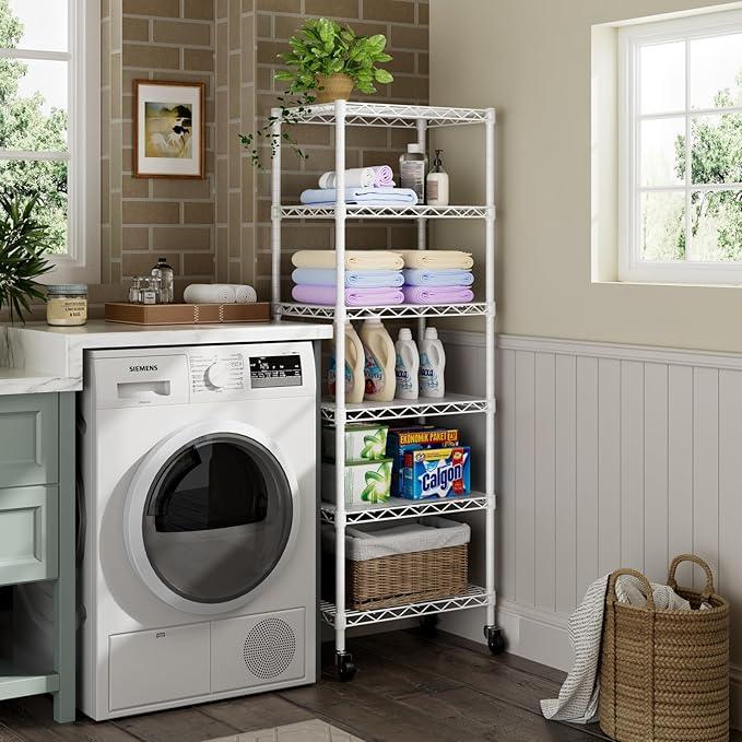 Small 6 Tier Shelf Storage Wire Shelving Unit Metal Shelves Adjustable Organizers Storage Shelving with Wheels for Bathroom Laundry Room Kitchen Pantry12”D x 18”W x 61.6”H White - ModernBath