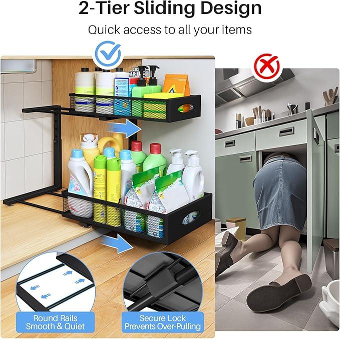 Under Sink Organizer, 2 Tier Pull Out Under Cabinet Organizer Shelf with Pad for Framed Cabinets, Metal Slide Out Under Sink Storage, Mesh Sliding Drawers for Kitchen Bathroom Laundry(Black, 1 Pack) - ModernBath