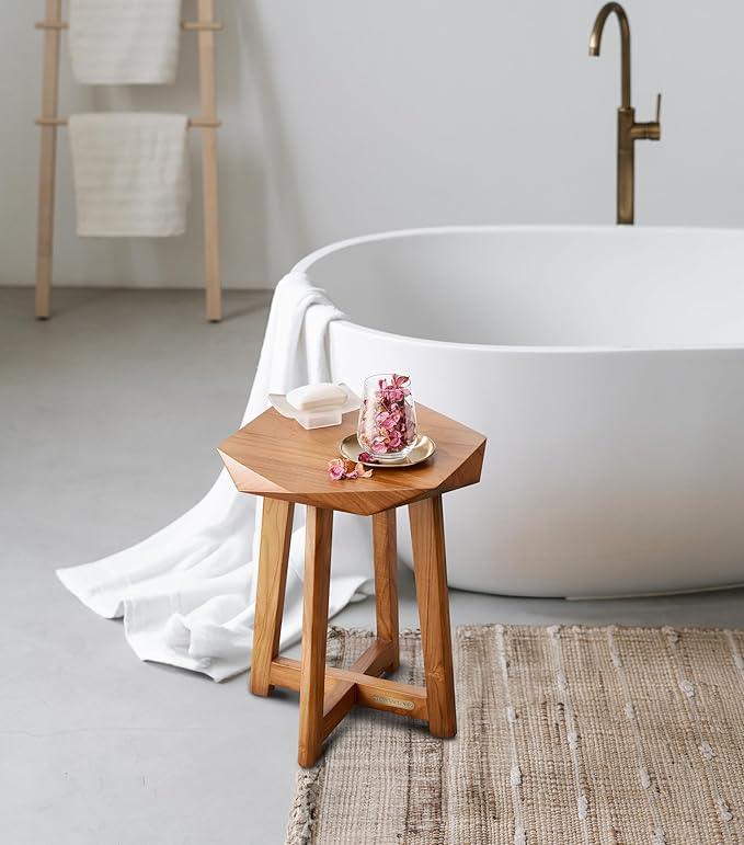 TEAK VALLEY Fully Assembled Teak Shower Stool, Teak Shower Bench, Shower Seat, Plant Stand, Side Table, Side Accent, 17.7" - ModernBath