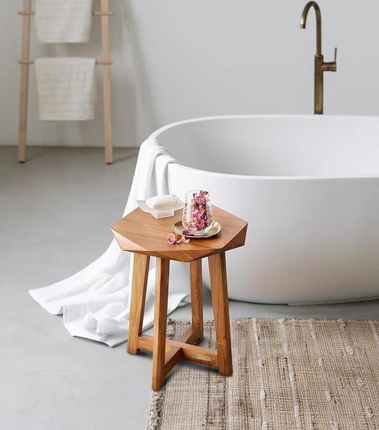 TEAK VALLEY Fully Assembled Teak Shower Stool, Teak Shower Bench, Shower Seat, Plant Stand, Side Table, Side Accent, 17.7" - ModernBath