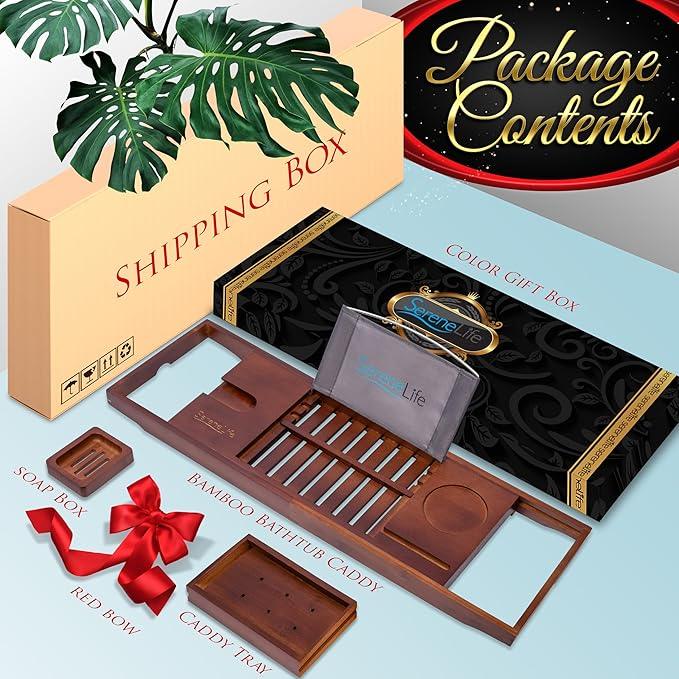 SereneLife Premium Bathtub Tray Caddy with Gift Box and Bow Set, Expandable Bath Tray, Unique House Warming Gifts for Mom, Women, Wedding, Anniversary, Bridal Shower, Fit for All Tub - Stain Brown - ModernBath