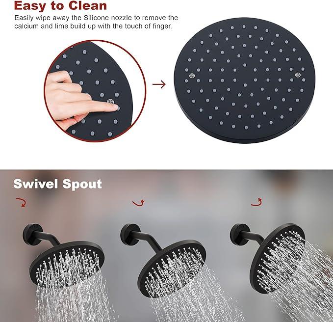 Lavatrum Mate Black Shower Head and Handle Set Single Spray Premium Wall Mount 8 Inch Rainfall Round Shower Faucet with Rough-in Valve and Trim Kit for Bathroom（1.8GPM) - ModernBath