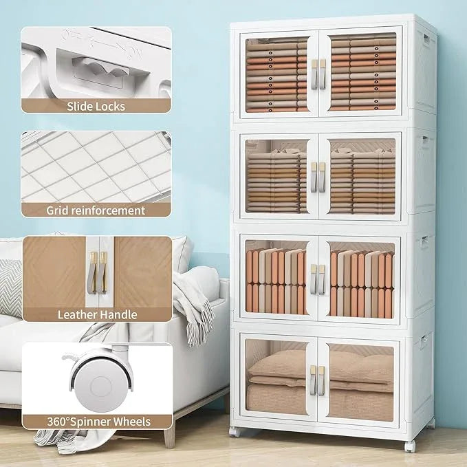 Large Stackable Storage Bins with Lids, 660QT-165QT*4Tier Foldable Cabinet for Closet Organizers, Plastic Storage Containers Box with Wheels - ModernBath