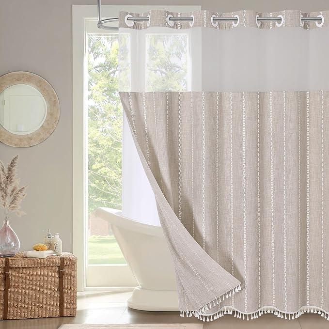 MitoVilla No Hooks Needed Farmhouse Shower Curtain with Snap-in Liner - with Window & Magnets, Taupe Boho Cotton Linen Fabric Shower Curtains with Tassels for Rustic Bathroom Decor, 72 x 74 - ModernBath