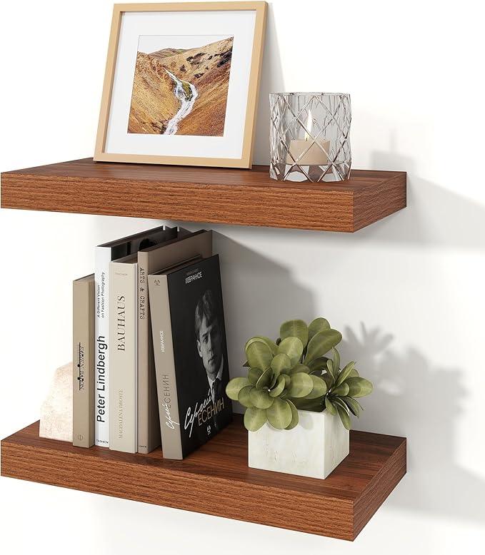 Floating Shelves for Wall, Wall Mounted Rustic Wood Shelves for Bathroom, Bedroom, Living Room, Kitchen, Hanging Shelf for Books/Storage/Room Decor (Walnut, 16") - ModernBath
