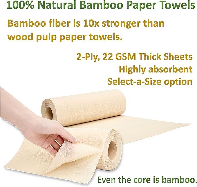 Purafide 100% Bamboo Paper Towels, Tree-Free, Chemical-Free, Lint-Free, Durable, Absorbent, Select-a-Size 2-Ply, 90 Sheets Per Roll. (PT 6 Rolls) - ModernBath