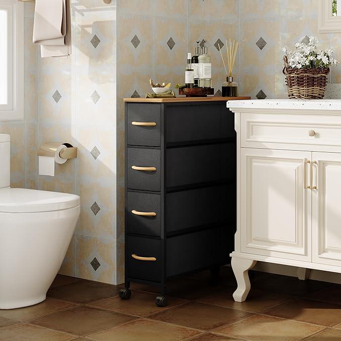 Narrow Dresser Storage Tower with 4 Drawers, Slim Dresser Chest of Drawers with Steel Frame, Wood Top, Dresser for Bedroom, Bathroom, Small Spaces, Laundry, Closet (Black) - ModernBath
