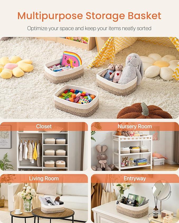 Small Woven Basket, 13.5 x 9.5 x 5 Inches, Storage Basket for Organizing, Cute Small Rope Shelf Closet Cube Storage Bins Baskets for Shelves, Dog Toy Gift Baskets Empty, 3 Pack Gradient Brown - ModernBath