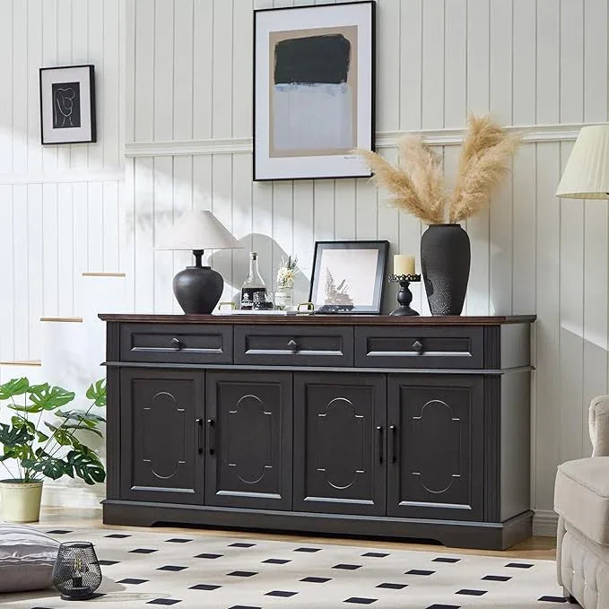 63" Black Buffet Sideboard Cabinet with 4 Doors and 3 Drawers, Modern Farmhouse Kitchen Storage Cabinet, Coffee Bar Cabinet with Adjustable Shelves, Kitchen Living Room Storage, Dining Room - ModernBath