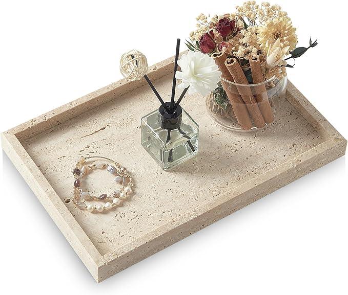 MULWR Travertine Tray,Bathroom Vanity Tray Non-Ceramic/Non-Resin,Marble Perfume Decorative Tray 12 x 8 inch (Travertine) - ModernBath