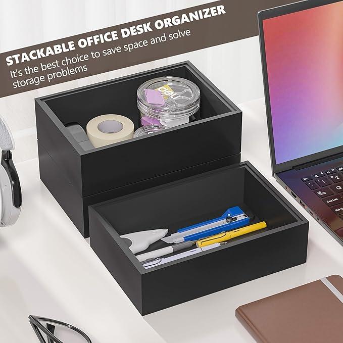 Kitchen Drawer Organizer Bins, Stackable Bamboo Drawer Organizer for Silverware, Flatware, Deep Office Desk Organizer Tray, Desktop Pen, Office Organization Black 9" x 6" x 2.5"(Set of 2) - ModernBath