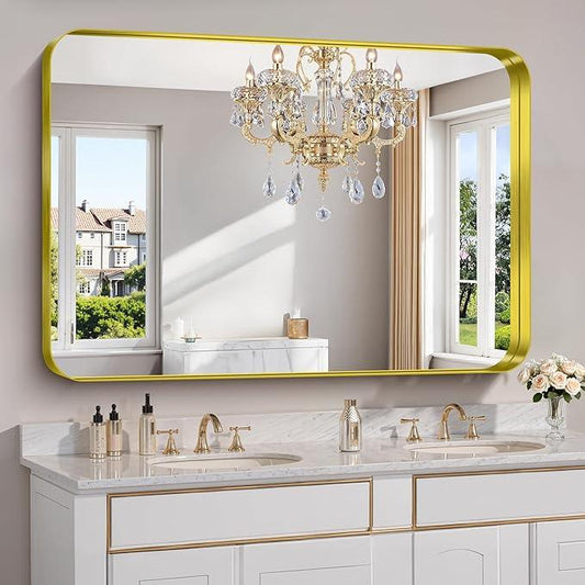 FORBATH 55x36 Inch Large Bathroom Mirror for Double Sinks, Brushed Gold Deep Frame Wall Mirror with Rounded Corners, Anti-Rust Tempered Glass for Modern Farmhouse Vanity (Horizontal/Vertical) - ModernBath