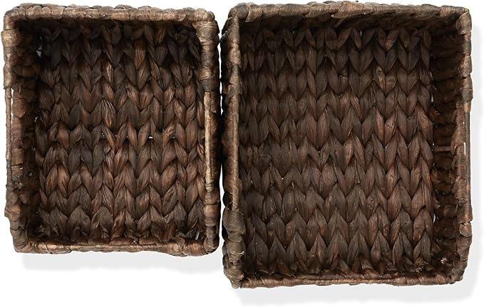Casafield Set of 2 Water Hyacinth Pantry Baskets with Handles - Espresso, Woven Storage Bin Organizers for Kitchen Shelves, Medium and Large Sizes - ModernBath
