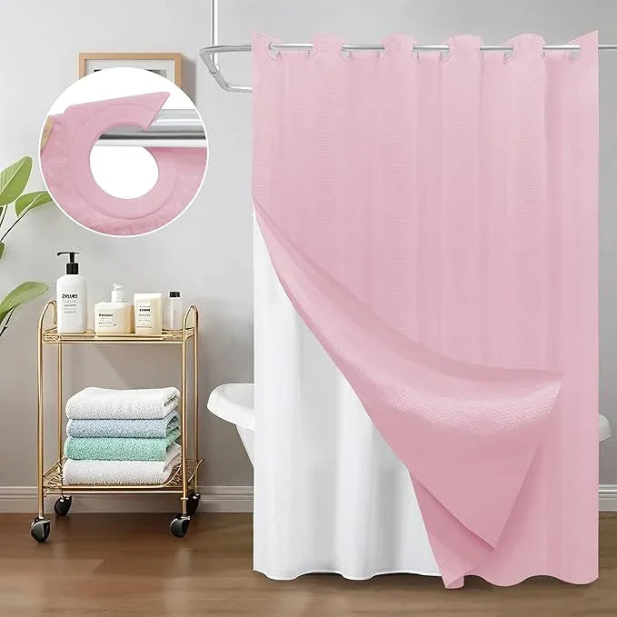 Inhousolu No Hook Waffle Weave Shower Curtain with Removable Snap in Fabric Liner Set for Bathroom, 230 GSM Heavy Duty Weighted Hem, Water Repellent Washable Bath Curtains, 72 x 72 Inch, Pink - ModernBath