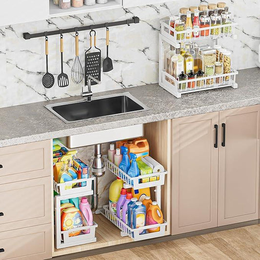 Under Sink Organizer 2 Pack, 2 Tier Adjustable Height Reinforced Carbon Steel Under Kitchen Bathroom Sink Storage Organizer, Smooth Pull-Out Under Sink Cabinet Rack Drawer Organizer, White - ModernBath
