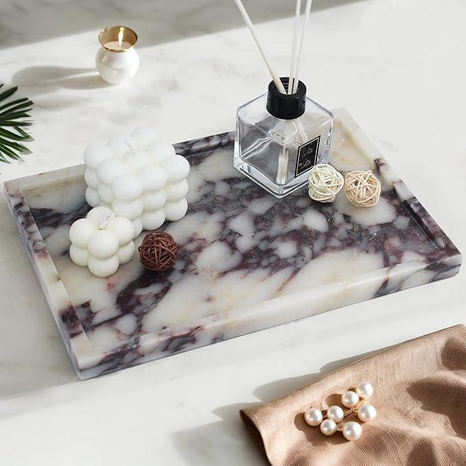 YMXYJM 100% Real Luxury Natural Marble Vanity Tray Genuine Calacatta Viola Marble Stone Storage Trays for Home Decor Bathroom Vanity Dresser Kitchen, Non-Resin/Non-Ceramic, 11.7" x 7.8" - ModernBath