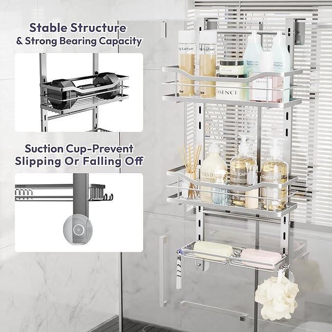 SWTYMIKI Over the Door Shower Caddy - 3 Tier Adjustable Shower Organizer Hanging with Soap Holder, No Drilling Stainless Steel Bathroom Rack Hanging for Body Wash, Shampoo, Soap, Razor, Silver - ModernBath