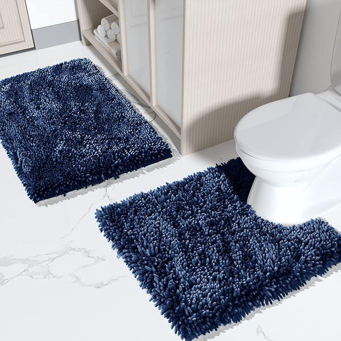 Yimobra Bathroom Rugs Sets 2 Piece, Soft Absorbent Bath Mat and U-Shaped Toilet Rug with Non Slip Backing, Luxury Shaggy Bath Mats for Bathroom, Machine Washable, 24"x17"+24"x20", Blue - ModernBath