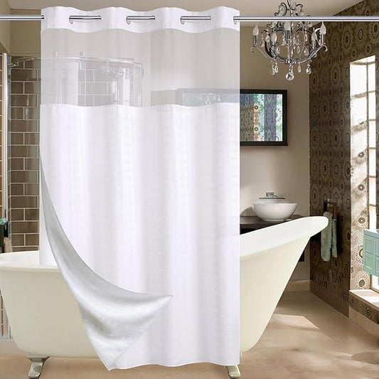 Conbo Mio Stall No Hook Shower Curtain with Snap in Liner Set, Hotel Luxury White Shower Curtains for Bathroom with See Through Top Window, Waterproof, Washable 54W x 74H - ModernBath
